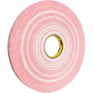 A large roll of 1/2 x 1000 yds. 3M™ 920XL Adhesive Transfer Tape, featuring a yellow core, is neatly rolled with adhesive layers against a white background. Available in cases of 12 rolls.