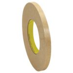 A six-pack of 3M™ 9498 Adhesive Transfer Tape Hand Rolls, each measuring 1/2 x 120 yds., features a smooth, narrow brown tape on a yellow core, ideal for sealing or packaging tasks.