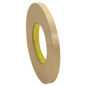 A six-pack of 3M™ 9498 Adhesive Transfer Tape Hand Rolls, each measuring 1/2 x 120 yds., features a smooth, narrow brown tape on a yellow core, ideal for sealing or packaging tasks.