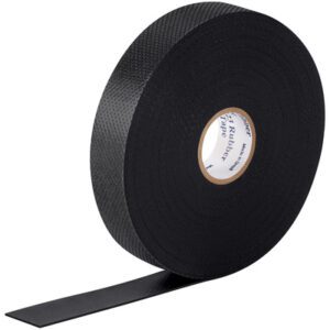 A partially unrolled 3/4 x 30 black adhesive tape reveals its textured surface and visible white core with text. Against a plain white background, this 3M™ 23 Electrical Tape, available in a 2 Pack per case, stands out prominently.