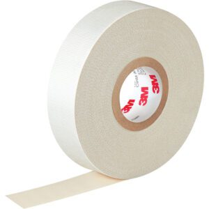 A partially unrolled large roll of the 3M Glass Cloth Electrical Tape 27, measuring 3/4 x 66, reveals its textured white surface. The cardboard core has a red 3M label. This tape is part of a white-background-set featuring two rolls.