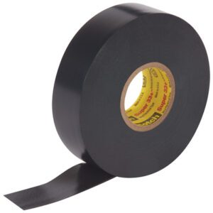 A roll of Scotch® Super 33+ Vinyl Electrical Tape, 3/4 x 66, with the adhesive side exposed and visible cardboard core text, comes in a handy 10 pack for all your electrical needs.