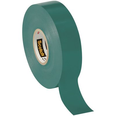 T96403510PKG.jpg A roll of 3/4 x 66 green Scotch® Vinyl Color Coding Electrical Tape 35 from a (10 Pack) is partially unrolled, featuring a glossy finish and the iconic Scotch brand on the inner label.
