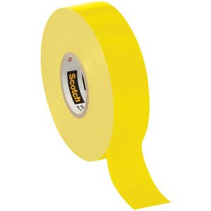 A 3/4 x 66 roll of Scotch® Vinyl Color Coding Electrical Tape 35 in vibrant yellow, partially unrolled, reveals the Scotch label. It features a smooth, glossy finish with a white inner core displaying printed text.