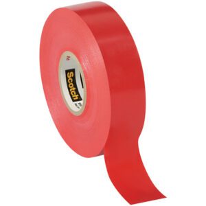 Against a white backdrop, an unrolled strip of the vibrant and glossy 3/4 x 66 Red Scotch® Vinyl Color Coding Electrical Tape 35 (100 Rolls/Case) catches the eye, highlighting its suitability for various uses.