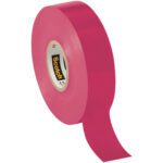 A roll of bright pink tape, resembling the 3/4 x 66 Violet Scotch® Vinyl Color Coding Electrical Tape 35 (100 Rolls/Case), stands upright with its loose end partially unrolled and the iconic Scotch brand label on display on the inner cardboard ring.