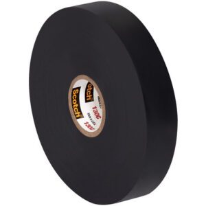 The 3/4 x 30 Black (3 Pack) Scotch® Linerless Rubber Splicing Tape 130C, with a visible label on the inner cardboard ring, is coiled neatly to showcase its smooth texture and meet your splicing needs.