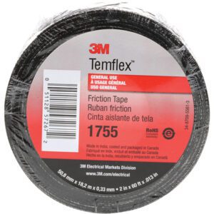 Close-up of a 3M 1755 Cotton Friction Tape roll (3/4 x 60, Black, 10 Pack) with multilingual packaging details like General Use and Cinta aislante de tela. Roll dimensions are 50.8 mm by 18.2.
