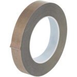 A roll of MH-USA 3/4 x 36 yds. PTFE Glass Cloth Tape (3 Mil), with a textured brown surface, is wrapped neatly around a white plastic core, slightly lifting at one point, isolated on a white background.