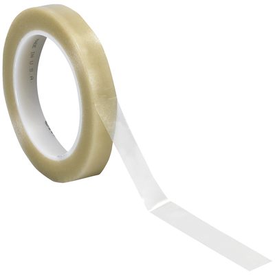 T9644713PKC.jpg A roll of 3/4 x 36 yds. Clear 3M Vinyl Tape 471 (3 pack per case) partially unrolls from its white plastic core against a plain white background.
