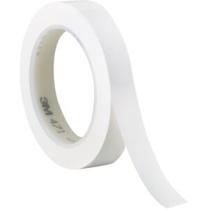 The 3/4 x 36 yds. White (3 Pack) 3M Vinyl Tape 471 stands with a loose end extended, its smooth, glossy surface displaying the 3M branding and revealing its inner charm.