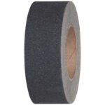 A side view of the 3/4 x 60 Black Tape Logic® Anti-Slip Tape (1 Roll/Case) highlights its gritty texture and durable cardboard core.