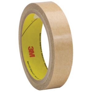 A 3/4 x 60 yds. 3M™ 927 Adhesive Transfer Tape roll, with a yellow inner label and red logo, stands upright on a white background; its part of a case containing 48 rolls.