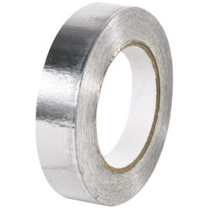 A roll of MH-USA 1 x 60 yds. Industrial Aluminum Foil Tape, featuring a white inner core, stands vertically against a plain white background, highlighting its shiny silver finish and versatility; it is conveniently packed as 1 PER CASE.