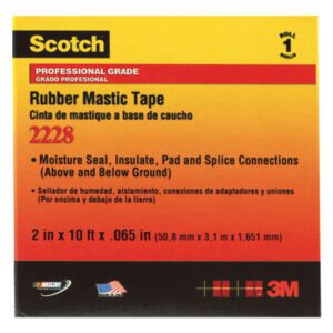 Image of a 1 x 10 roll of Black 3M™ 2228 Rubber Mastic Electrical Tape, highlighting its professional-grade quality for moisture sealing and insulation. Featuring prominent 3M and NASCAR logos, its part of a case with 12 rolls.