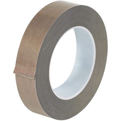 T965224.jpg The MH-USA 1 x 18 yds. 5 Mil PTFE Glass Cloth Tape is partially unrolled, displaying its smooth, glossy finish and tight winding. Upright against a plain backdrop, it highlights the tapes durability and quality.