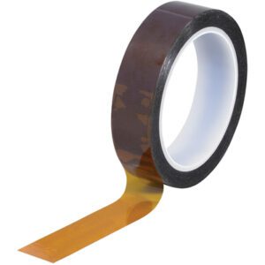 The image displays a partially unrolled roll of 1 x 36 yds. 1 Mil Kapton® Tape (36 Yds/Roll) with a shiny, smooth surface and white core, offering durable versatility for various applications. The tape is translucent amber-colored and 1 mil thick.