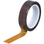 A partially unrolled 1 x 36 yds. 2 Mil Kapton® Tape (36 Yds/Roll) exhibits its amber color and glossy finish. Wound on a white core, the tapes reflective surface highlights its smooth texture effortlessly.