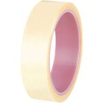 A 1 x 72 yds. roll of beige 3M™ 40 Anti-Static Tape, featuring a pink core, stands upright and slightly angled left. Its smooth surface glistens against a plain white background.