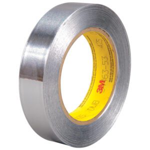 The 3M - 425 Aluminum Foil Tape, 1 x 60 yds., features a silver-petaled sheen and yellow-branded inner core. It’s neatly coiled, showcasing a glossy surface with uniform width, available in cases containing 36 rolls.