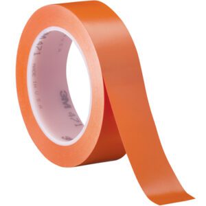 The 3M Vinyl Tape 471, sized at 1 x 36 yds., showcases a shiny orange finish and white core. Slightly unrolled, it reveals a glossy texture with printed text on the core. It comes perfectly packaged in a convenient 3-pack.