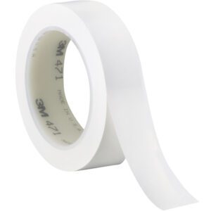 The inner core of the 1 x 36 yds. White (3 Pack) 3M Vinyl Tape 471 displays the iconic logo and product number, while the partially unwound tape reveals its smooth, glossy surface ideal for multiple uses.