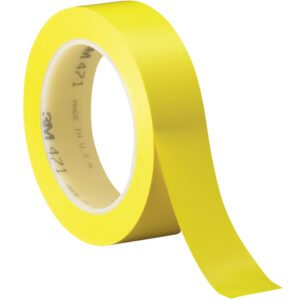 A roll of 1 x 36 yds. Yellow 3M Vinyl Tape 471 lies partially unwound, with 471 and Made in USA on the hub, and is displayed at an angle against a white background, highlighting its vivid hue and smooth texture.