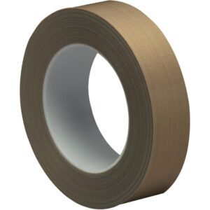 Displayed on a white background, the 3M PTFE Glass Cloth Tape 5453 features a brown fabric-reinforced adhesive with a white inner core and grid-like texture. The tape, measuring 1 x 36 yds per roll, suggests durability for demanding tasks.