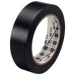 A pack of 1 x 36 yds. Black 3M General Purpose Vinyl Tape 764 (6 Pack) features a plaid label, coiled around a cardboard core with a smooth exterior.