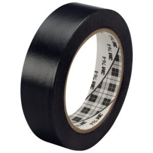 A pack of 1 x 36 yds. Black 3M General Purpose Vinyl Tape 764 (6 Pack) features a plaid label, coiled around a cardboard core with a smooth exterior.