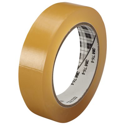 T965764C.jpg A roll of 3M General Purpose Vinyl Tape 764, measuring 1 x 36 yds, features a glossy brown finish. It has a white core with black text and a plaid pattern, coiled neatly to display its smooth surface and uniform width.
