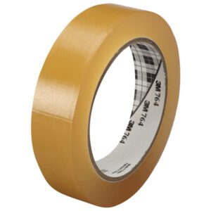 A wide roll of brown packing tape with a marked white inner core sits beside a coiled 1 x 36 yds. Clear (6 Pack) 3M General Purpose Vinyl Tape 764. Both have glossy surfaces and rest neatly on the flat surface.