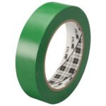 The 1 x 36 yds. Green 3M General Purpose Vinyl Tape 764, boasting a glossy finish and checkered interior, stands ready for versatile use against a white backdrop.