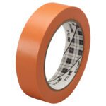The 1 x 36 yds. Orange (6 Pack) 3M General Purpose Vinyl Tape 764 features a plaid inner core and is neatly coiled with a smooth, unwrinkled surface.