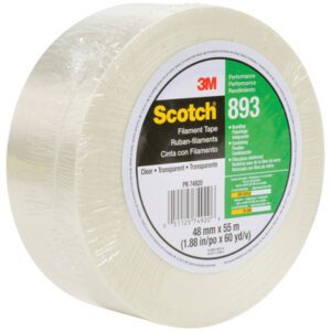 The 3M Scotch filament tape 893, marked with English and Spanish labels, is clear, measures 48 mm x 55 m, and highlights strength for bundling. Its comparable in robustness to the 1 x 60 yds. (6 Pack) of 3M™ 9485PC Adhesive Transfer Tape Hand Rolls.