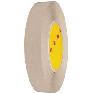 A 1 x 60 yds roll of 3M™ 9627 Adhesive Transfer Tape Hand Rolls, featuring a yellow core with red writing, lies on its side against a white background.