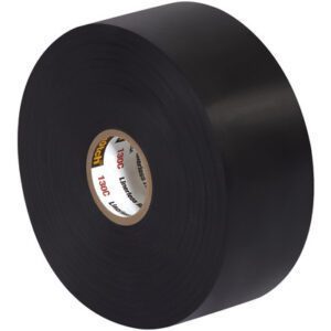 The 1 1/2 x 30 Black Scotch® Linerless Rubber Splicing Tape 130C (3 Pack) is shown slightly unwound, exposing the inner cardboard core with red and white text. The glossy and smooth tape promises reliable use.