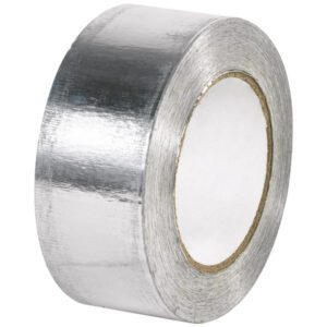 A roll of MH-USA 2 x 60 yds. Industrial Aluminum Foil Tape, with a white core, stands upright on its side. Its shiny metallic surface reflects light, highlighting its smooth texture.