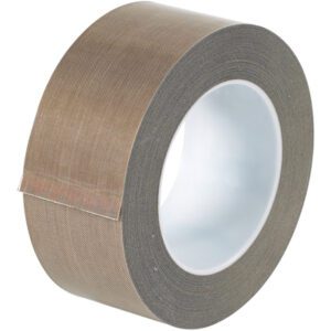 The MH-USA 2 x 18 yds. PTFE Glass Cloth Tape is positioned upright with a white core, showcasing its textured surface and flexibility. Its robust design stands out against a plain background as the tape is partially unrolled, highlighting its durability.