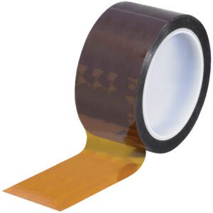 A 2 x 36 yds. 1 Mil Kapton® Tape (36 Yds/Roll) is shown with an unraveled strip adhering to the surface, highlighting its durability and reliability for diverse packaging needs. The tape rolls interior is white, emphasizing its sturdy design.