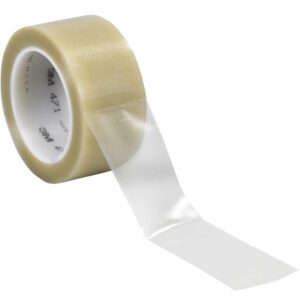 A partially unrolled roll of 2 x 36 yds. Clear 3M Vinyl Tape 471 gleams against a white background, showing the brand inside the core, available in cases of 24 rolls.