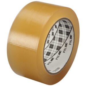 A roll of 2 x 36 yds. brown packing tape with branded inner core and plaid design; its smooth, glossy surface similar to the versatile clear tape in the 6-pack of 3M General Purpose Vinyl Tape 764.