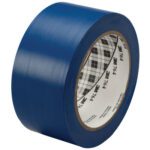A roll of 3M General Purpose Vinyl Tape 764 in blue, 2 x 36 yds., with a plaid-patterned inner core, stands upright on a plain white background, showcasing its practical elegance.