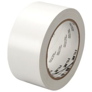 The 2 x 36 yds. White 3M General Purpose Vinyl Tape 764 (24/Case) stands upright, showing its inner cardboard core with printed text and numbers against a plain background.