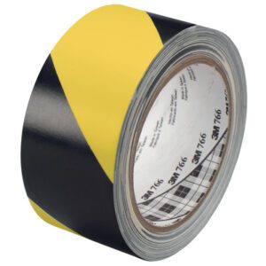 A 2-pack of 3M Safety Stripe Warning Tape 766, featuring iconic black/yellow stripes, measures 2 x 36 yds. for maximum safety visibility.