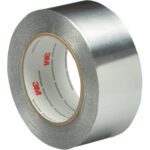 The 3M Aluminum Foil Tape 425, measuring 3 x 60 yds. (1 Pack), features a glossy metallic finish ideal for sealing or insulation tasks. It comes in a convenient 1 PER CASE package, showcasing the iconic logo on its cardboard core against a white background.