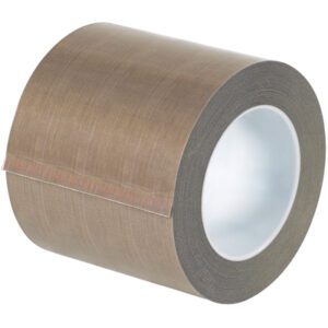 The MH-USA 4 x 18 yds. 3 Mil PTFE Glass Cloth Tape has a smooth, glossy brown adhesive surface with a white core, partially unrolled to reveal its sleek texture over the full 18 yards per roll.