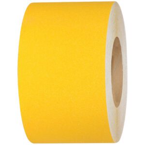 The 4 x 60 Yellow Heavy-Duty Tape Logic® Anti-Slip Tape, a sturdy cylindrical roll with a cardboard core, stands against a white background emphasizing its robust design and safety features.