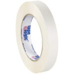A roll of Tape Logic® Double Sided Film Tape, 3/4 x 60 yds., with vivid blue and red text, stands upright against a white background.