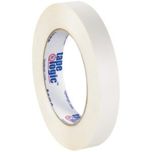 The 3/4 x 60 yds. (2 Pack) Tape Logic® Double Sided Film Tape stands upright, featuring an inner core with Tape Logic and a website URL. Perfect for precise securing, the tape is set against a white background.